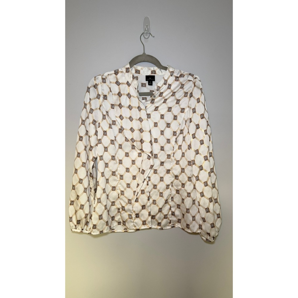 Worthington Women's Medium Cream Gold Brown Jewel Ruffle Blouse